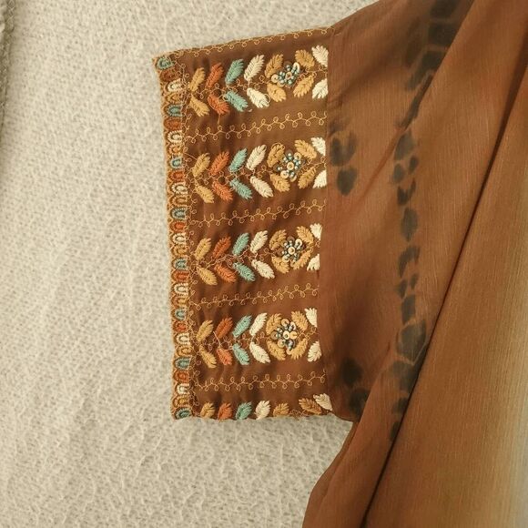 Soft Surroundings Women's Robe Cover Up Sheer Boho Embroidered Open Brown Blue - Picture 6 of 12